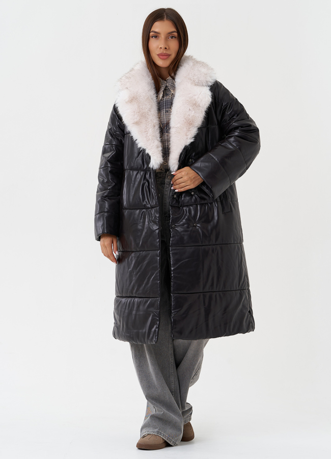 Пуховик из эко кожи с английским воротником модель № 23364 универмаг малина