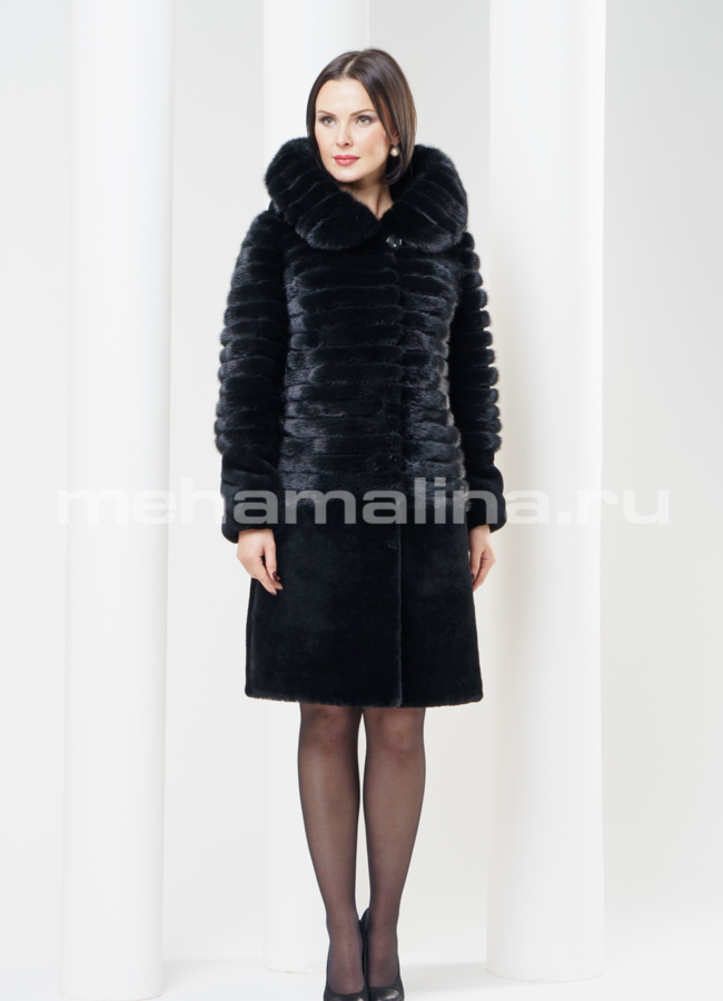 Шуба из мутона с норкой, цвет черный модель № S-319 универмаг малина