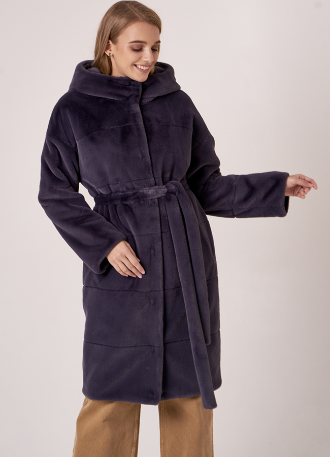 Эко шуба синего цвета с капюшоном модель № 19075 меха малина