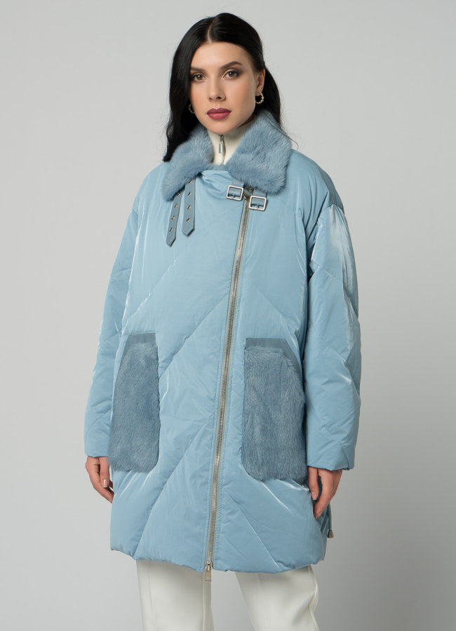 Женский пуховик голубого цвета с отделкой из норки модель № 21861 универмаг малина