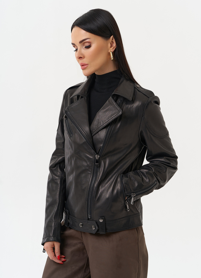 Куртка кожаная черного цвета модель № 10662 в рассрочку Куртка кожаная черного цвета модель № 10662 в рассрочку