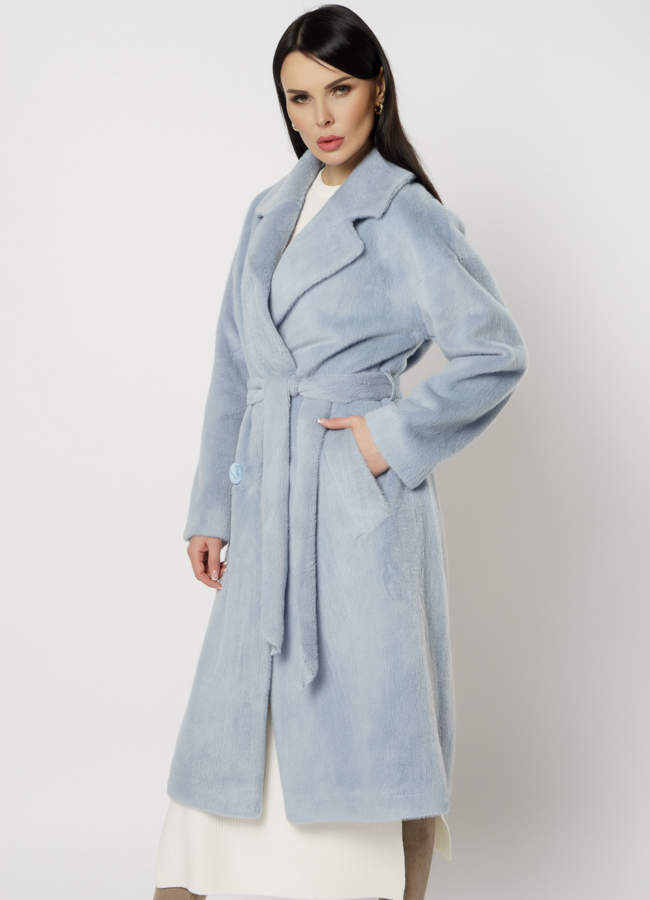 Двубортное пальто голубого цвета модель № 20744 в кредит