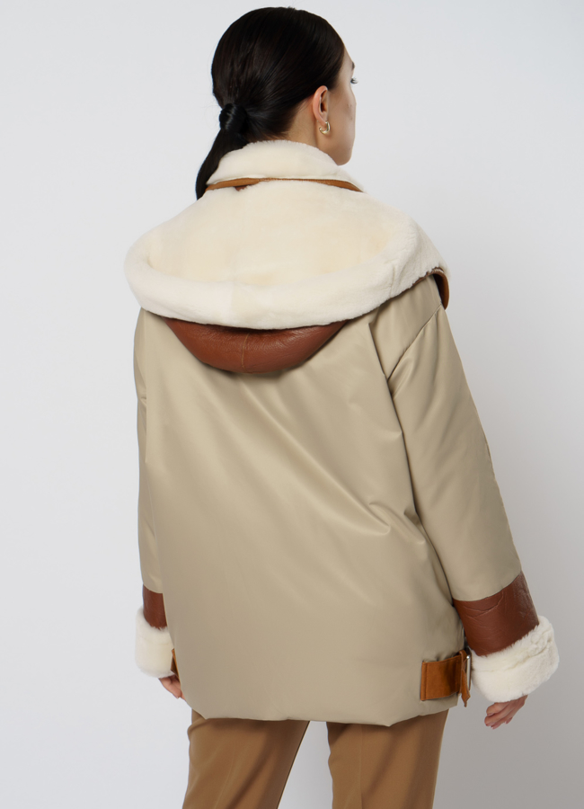 Пуховик комбинированный с кожей модель № 20-111 в кредит