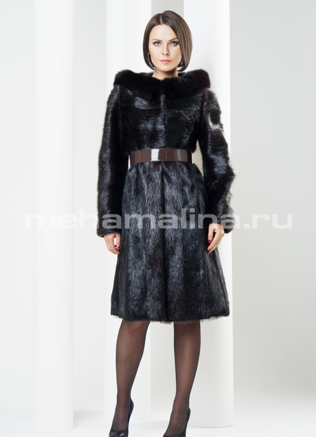 Шуба из нутрии с капюшоном, отделка песец модель № S-233 в кредит