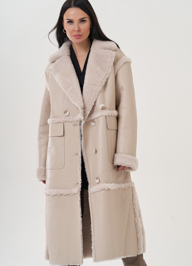 Женская дубленка с английским воротником  модель № 26045 меха малина