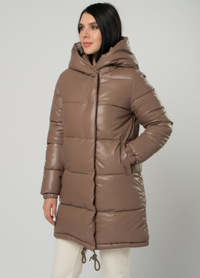 Пуховик из эко кожи модель № 75374/1 меха малина