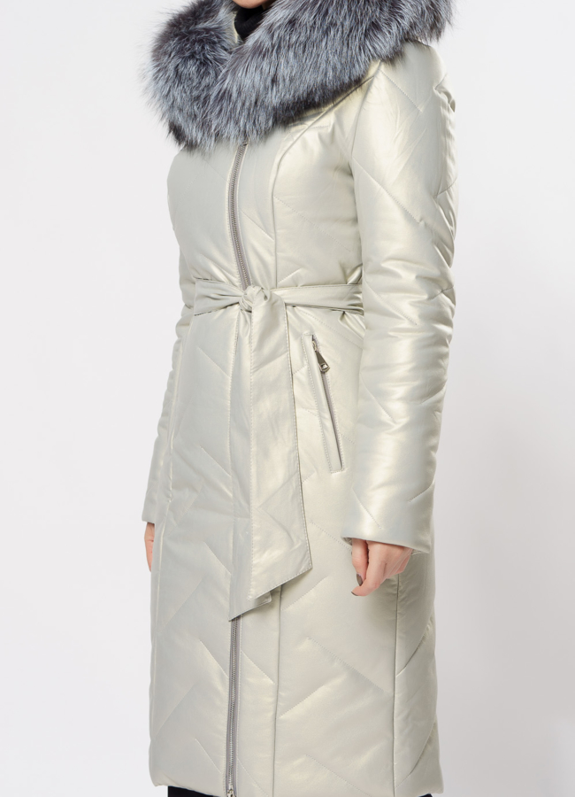 Удлиненный пуховик из эко кожи с чернобуркой модель № 19347 универмаг малина