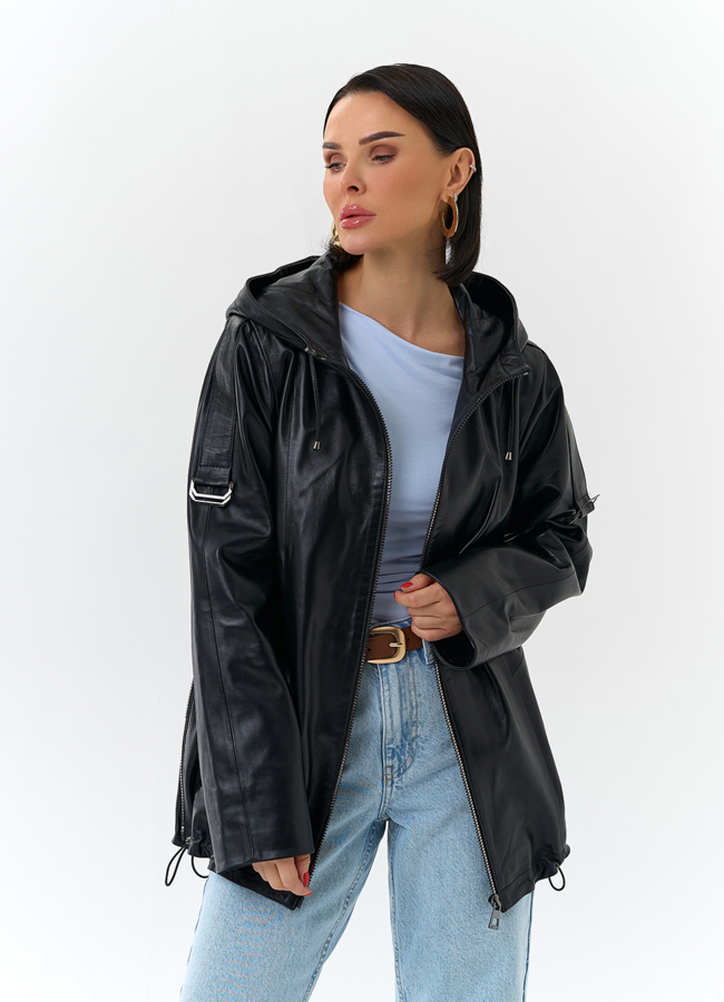 Женская куртка из натуральной кожи с капюшоном модель №  универмаг малина