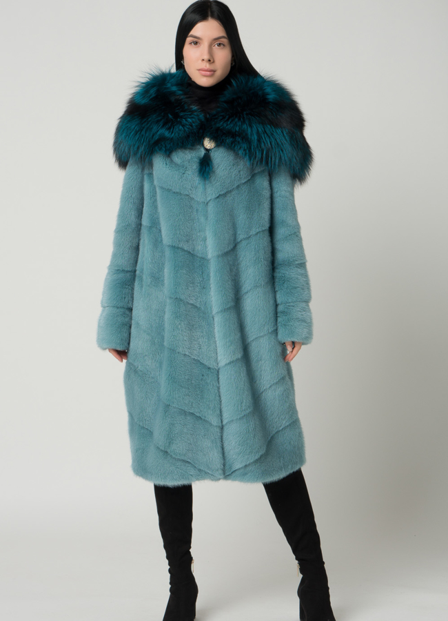 фото Светлая норковая шуба с капюшоном из чернобурки модель № 1602