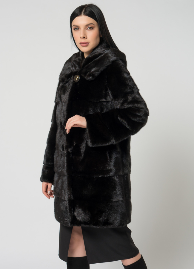 Норковая шуба с капюшоном модель № 24726 меха малина