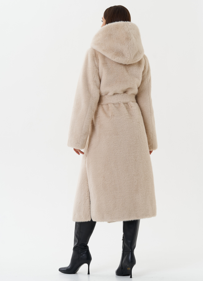 Удлиненная шуба из экомеха с капюшоном модель № 1333 в кредит