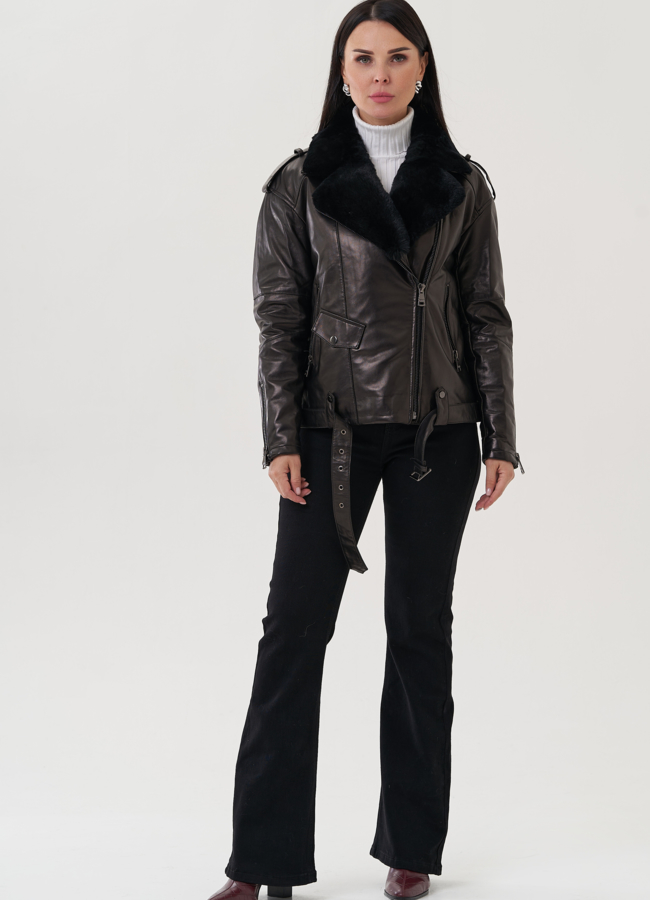 фото Утепленная куртка из натуральной кожи черного цвета модель № 24083