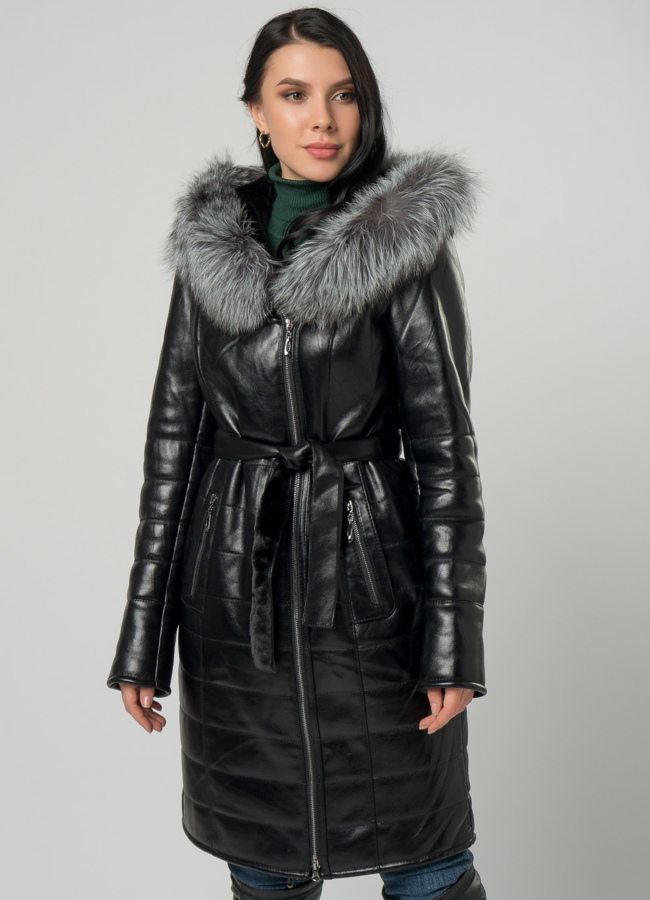 Дубленка из эко кожи с капюшоном модель № 61482 меха малина