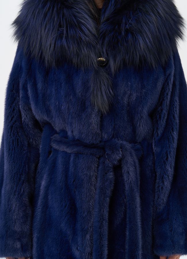 Синяя норковая шуба с капюшоном модель № 28098 в рассрочку