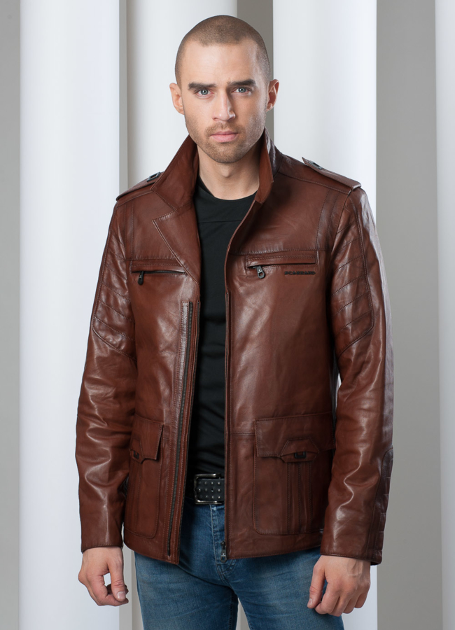 Куртка кожаная на молнии, английский воротник, цвет коричневый модель № KP-35 в кредит