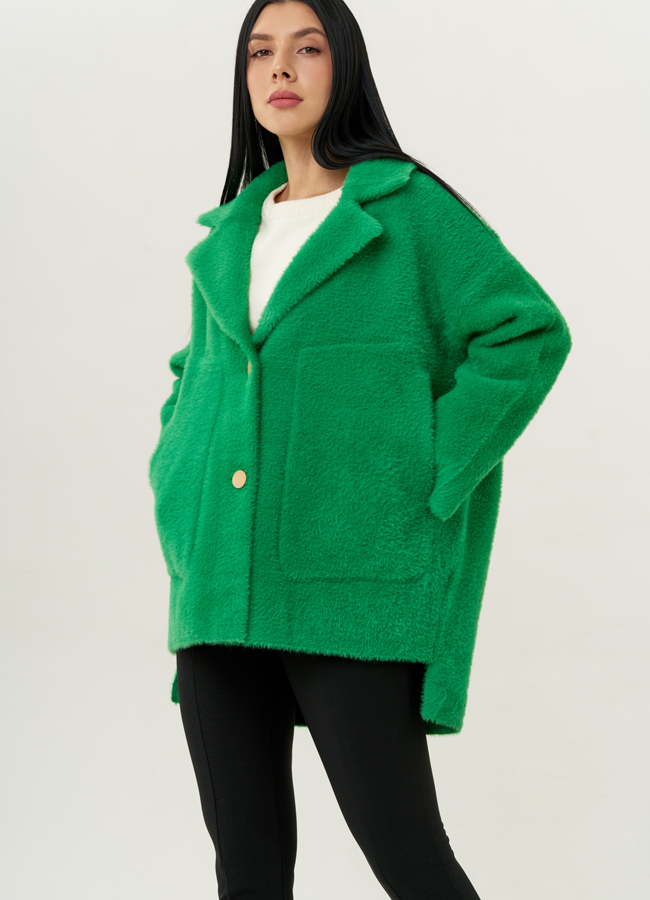 Женский кардиган с накладными карманами в зеленом цвете модель № 1991 меха малина