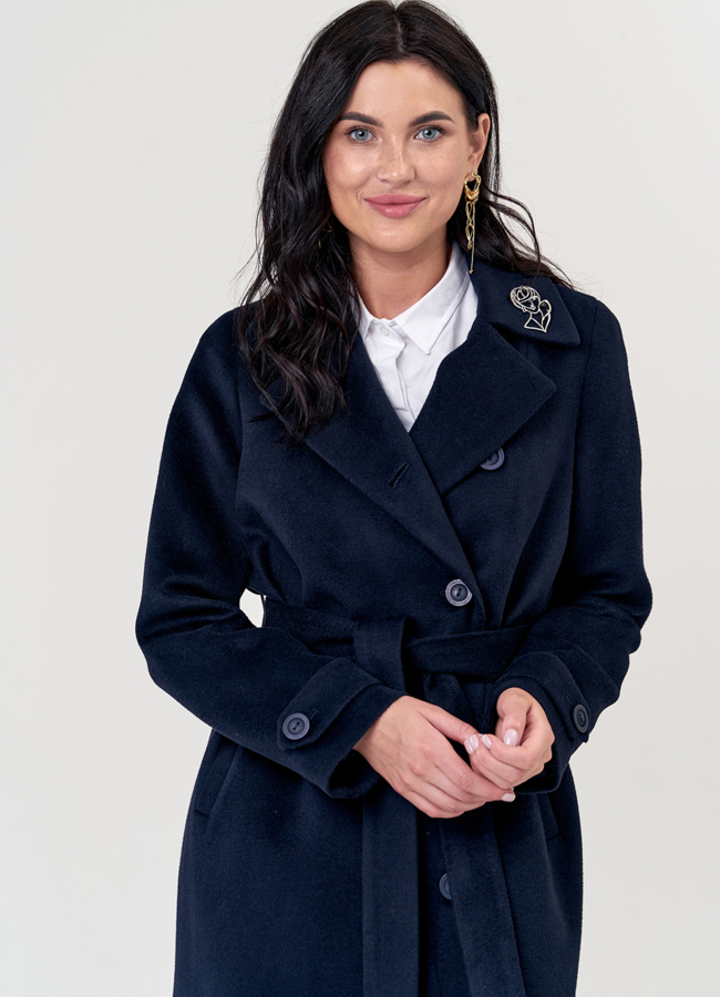 Женское пальто синего цвета с поясом модель № 21372 универмаг малина