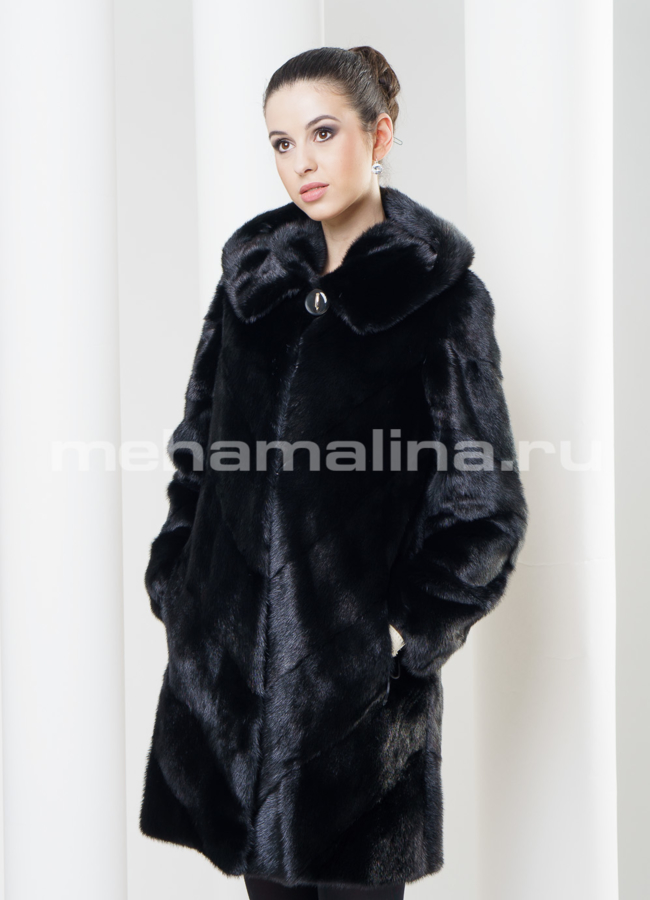 фото Черная норковая шуба с капюшоном модель № S-342