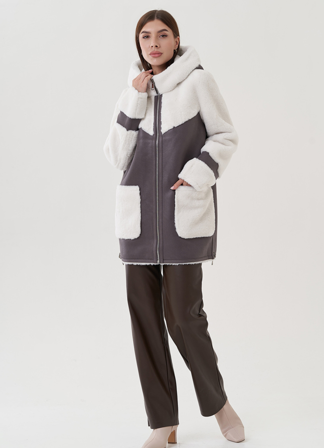 фото Дубленка в цвете графит с капюшоном модель № 25401