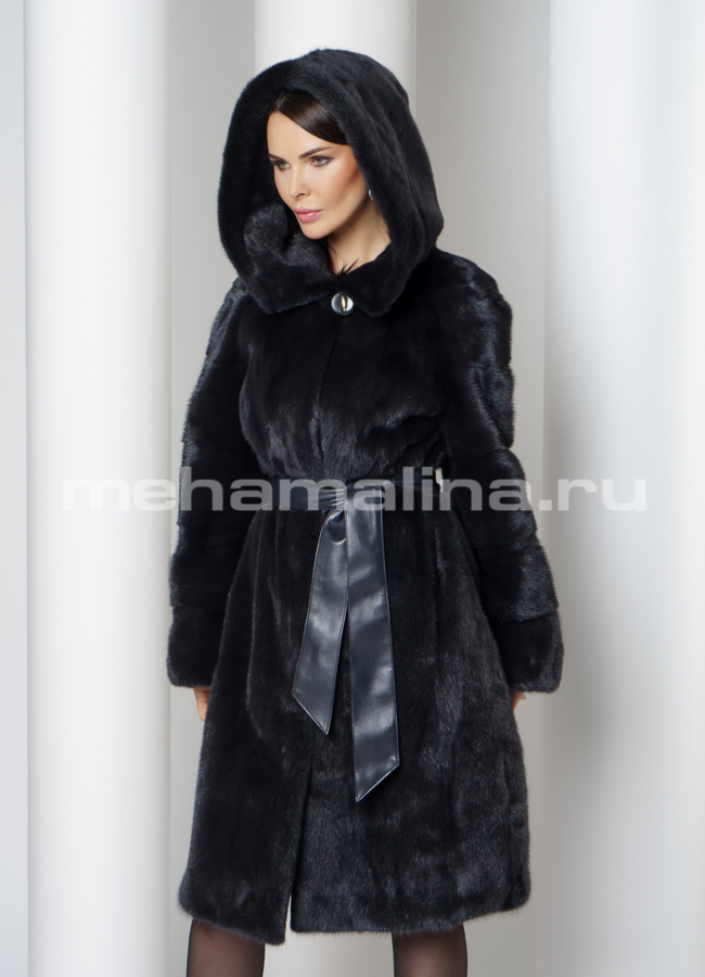 Норковая шуба с капюшоном в цвете уголь модель № S-752 в рассрочку