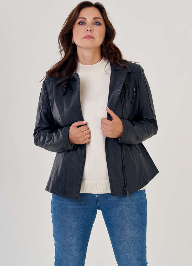 Куртка косуха из натуральной кожи в синем цвете модель № 10636 универмаг малина Куртка косуха из натуральной кожи в синем цвете модель № 10636 универмаг малина