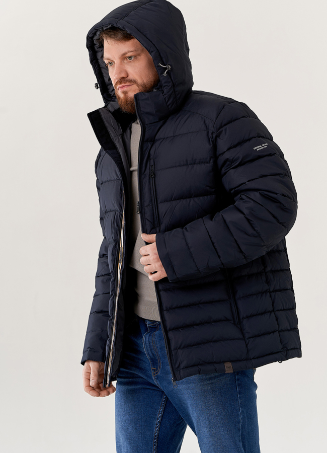 фото Мужской пуховик синего цвета с капюшоном  модель № 79624