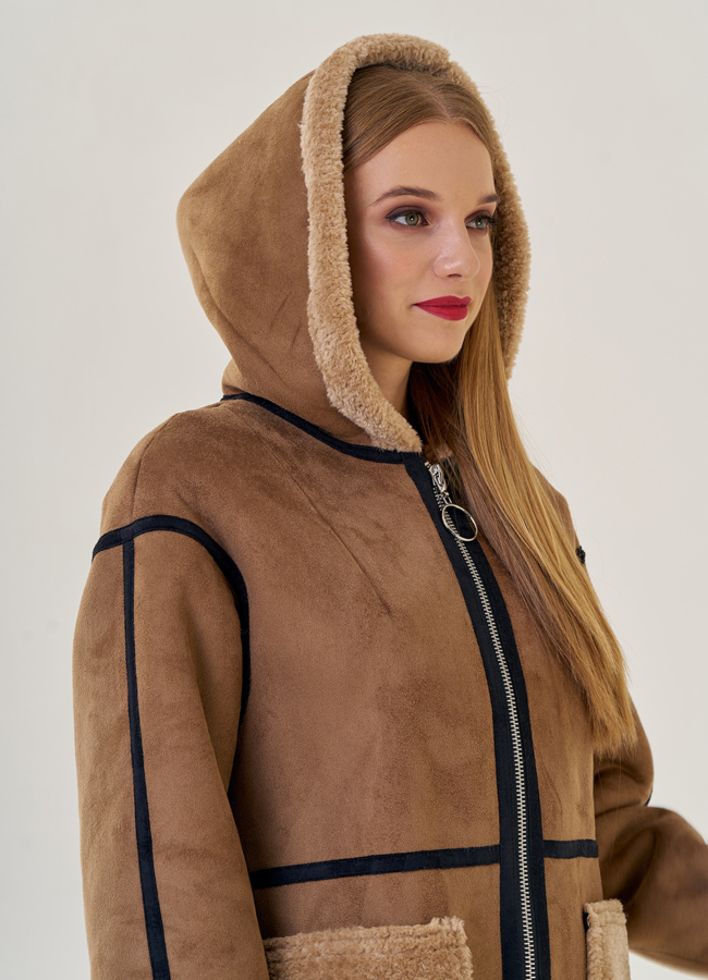 Женская эко дубленка с капюшоном модель № 22958 универмаг малина