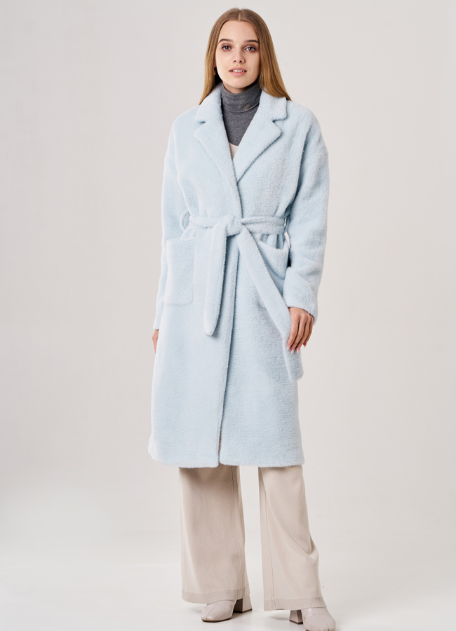 фото Пальто женское голубого цвета с поясом модель № T4F W9822