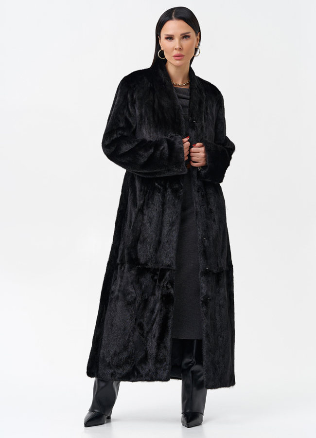Длинная черная шуба из норки модель № 29092 в рассрочку