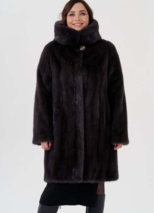 Классическая шуба из норки с капюшоном модель № 23327 меха малина