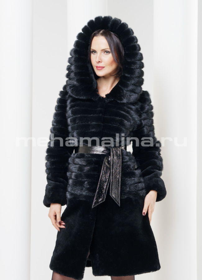 фото Шуба из мутона с норкой, цвет черный модель № S-319