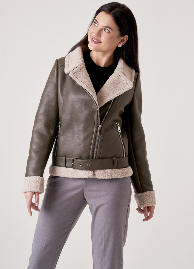 Дубленка из эко меха цвета хаки модель № 18811 универмаг малина