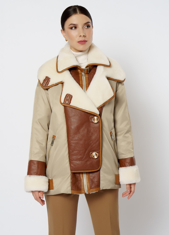 Пуховик комбинированный с кожей модель № 20-111 универмаг малина