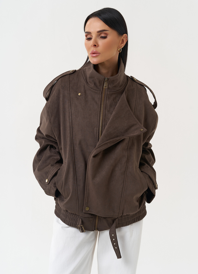 Женская куртка бомбер из эко замши коричневого цвета модель № 30451 в рассрочку Женская куртка бомбер из эко замши коричневого цвета модель № 30451 в рассрочку
