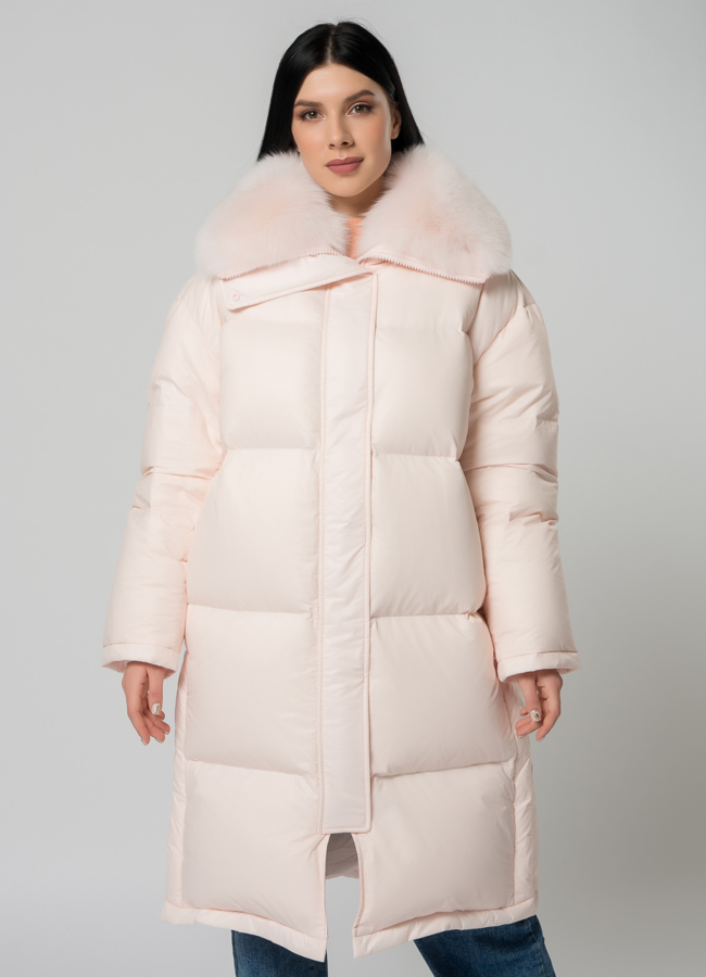 Пуховик женский с меховой отделкой  модель № 22166 меха малина