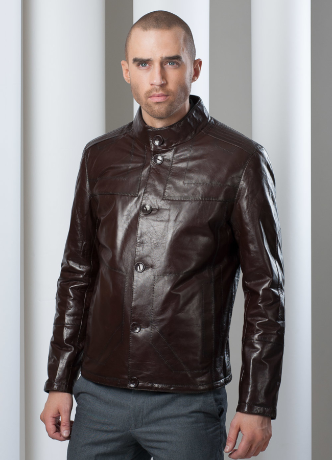 Кожаная куртка на пуговицах, цвет коричневый модель № KP-41 меха малина