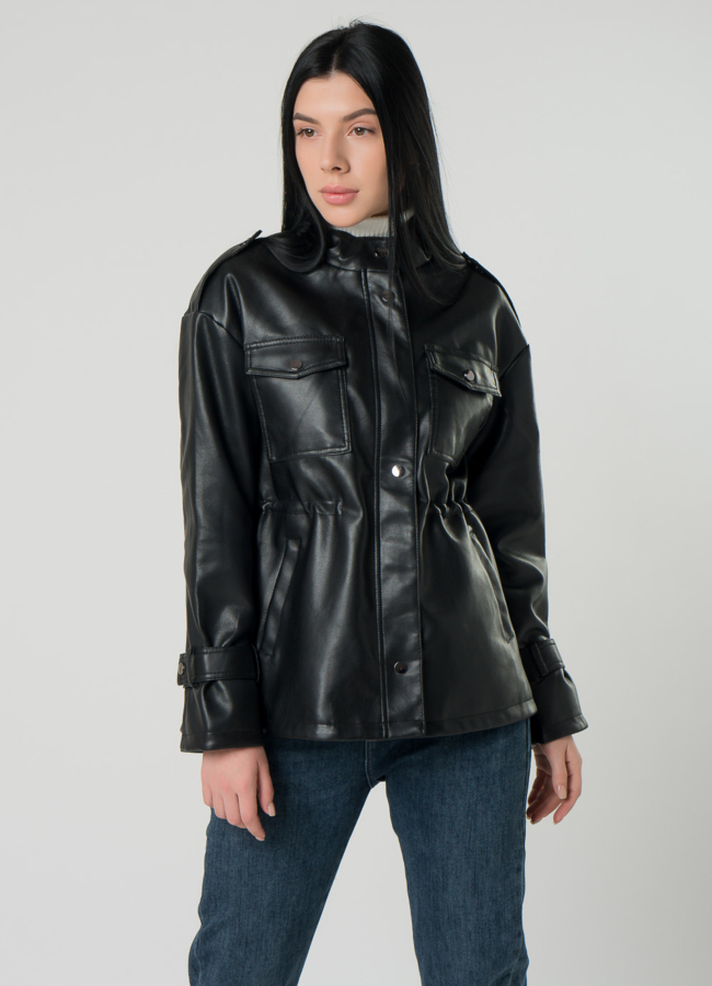 Женская куртка-рубашка с кулиской на талии  из эко кожи  модель № 22407 меха малина