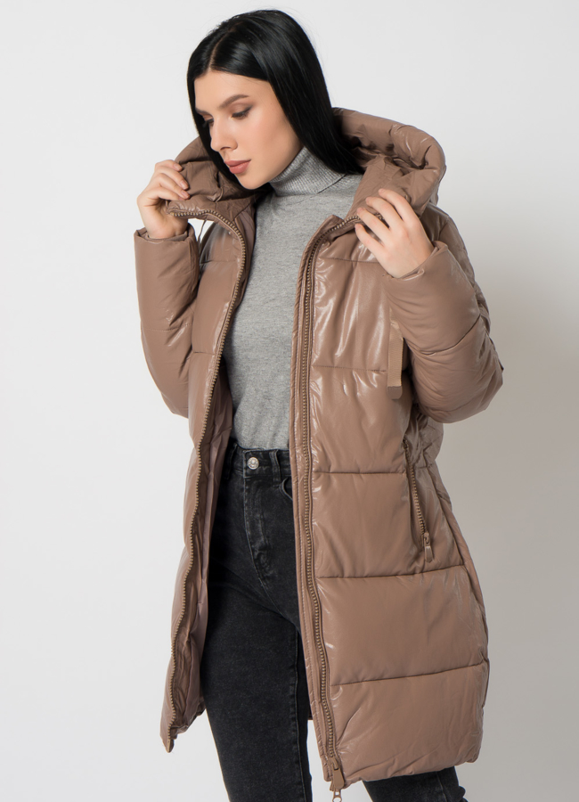 Пуховик из эко кожи с капюшоном модель № 2123 универмаг малина
