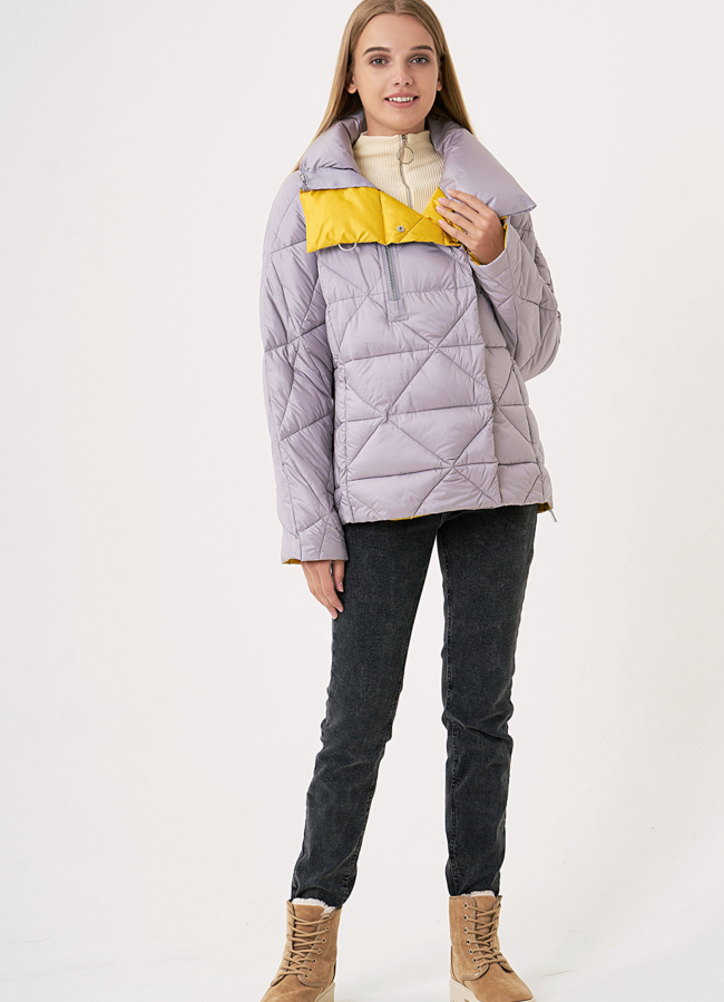 Укороченный серый пуховик модель № 110134 в кредит