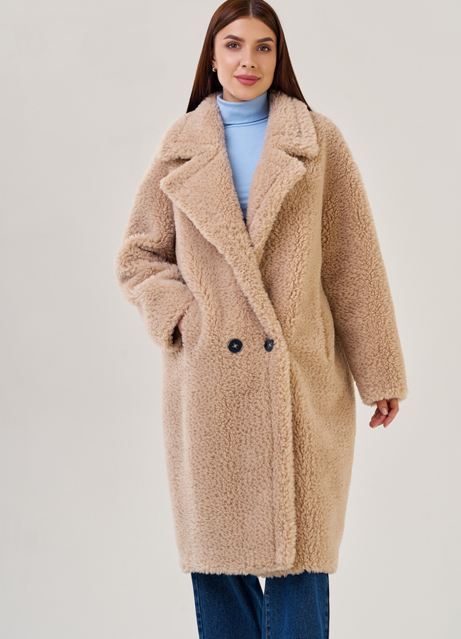 Шуба из шерсти с английским воротником на пуговицах  модель № 19426 меха малина