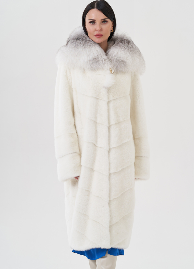 Норковая шуба с капюшоном отделка  из песца  модель № 24652 в кредит