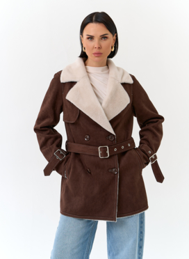 Женская дубленка из эко замши с английским воротником