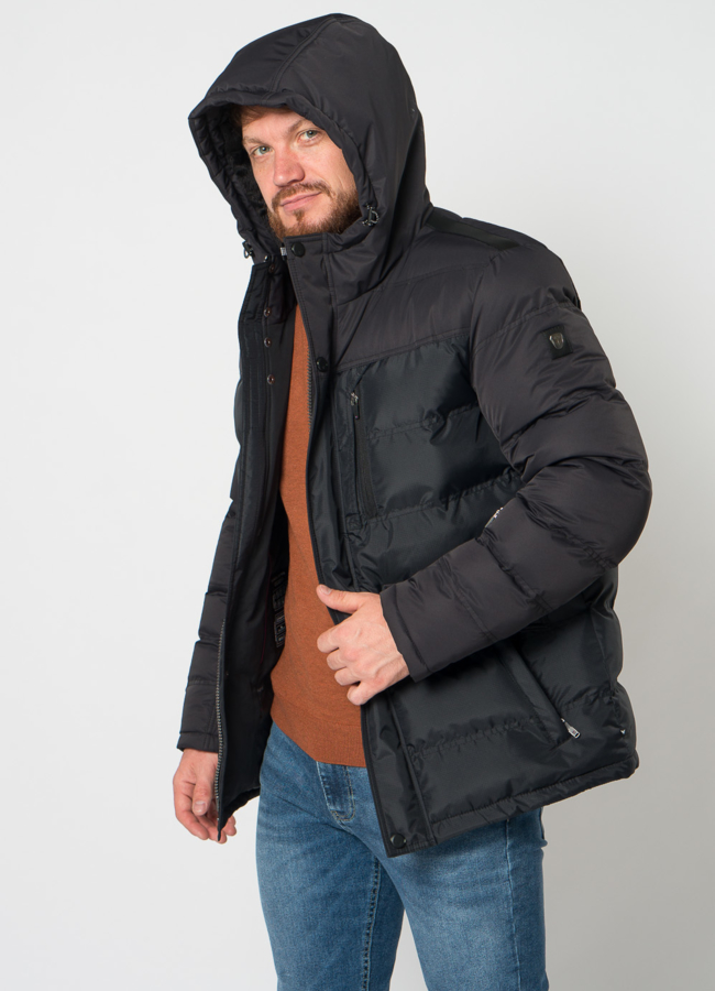 Пуховик мужской в черном цвете с капюшоном модель № 21710 универмаг малина