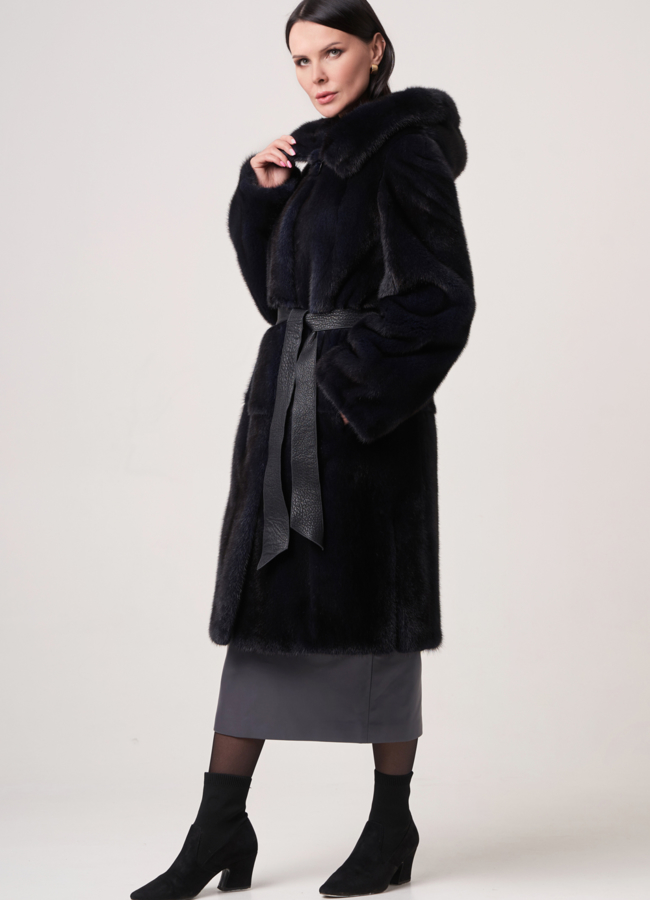 Шуба из норки с кожаным поясом модель № S-759 универмаг малина