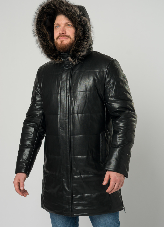 Мужской пуховик из эко кожи черного цвета с капюшоном модель № 21968 универмаг малина