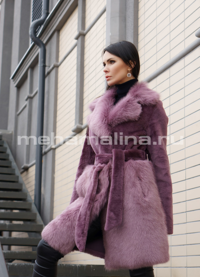 Дубленка с английским воротником модель № 1416-86 меха малина