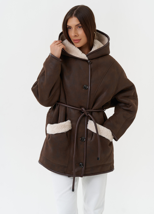 фото Дубленка из эко кожи с капюшоном модель № 28530