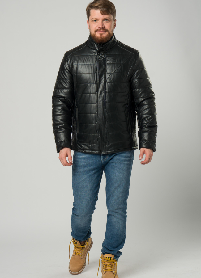 фото Мужской пуховик из эко кожи черного цвета модель № 21942