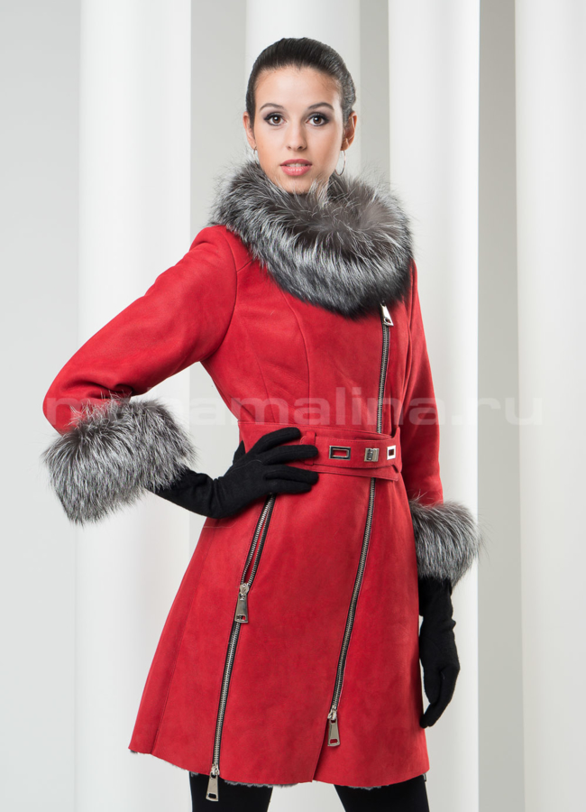 Дубленка воротник-стойка, цвет коралл модель № D-89 меха малина