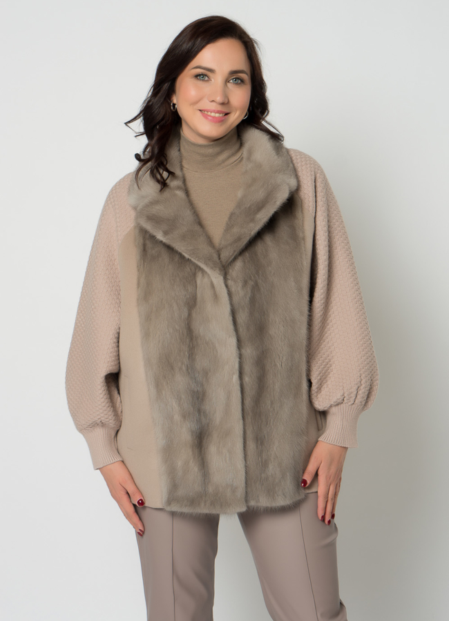 Кардиган бежевого цвета с отделкой из норки модель № 21665 меха малина